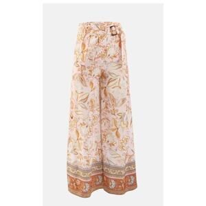 Aakaa Women's Pink Floral Wide Leg With Belt Pants Boho Lagenlook Resort Sz Sm